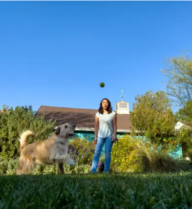 Woman experiencing relief from endometriosis pain by using MYFEMBREE® (relugolix, estradiol, and norethindrone acetate) and playing fetch with her dog. Not an actual patient.